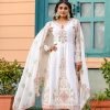Chinnon Silk Nyra Cut Suit- 3Pc Kurti, Pant & Dupatta - White with Pink