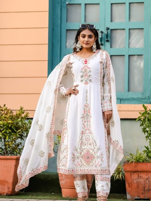 Chinnon Silk Nyra Cut Suit- 3Pc Kurti, Pant & Dupatta - White with Pink