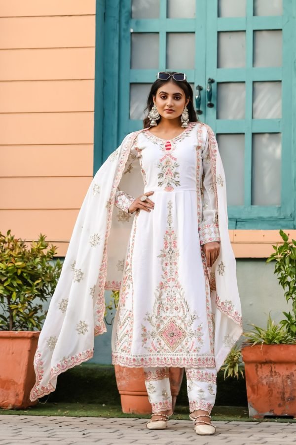 Chinnon Silk Nyra Cut Suit- 3Pc Kurti, Pant & Dupatta - White with Pink