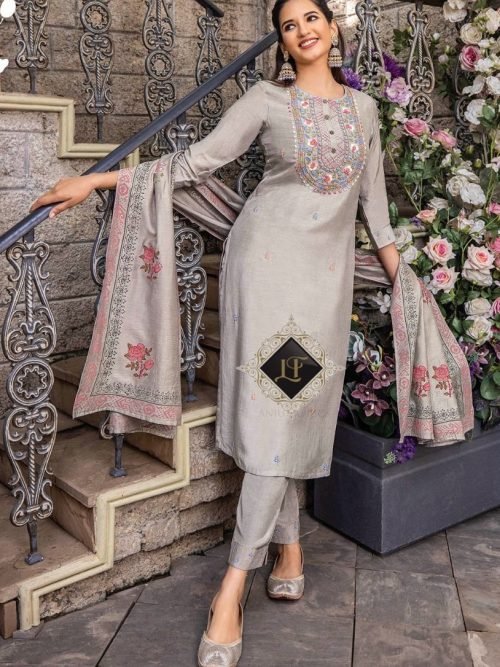 Premium Muslin Fabric Suit with Pants and Block Print Chanderi Dupatta - Gray