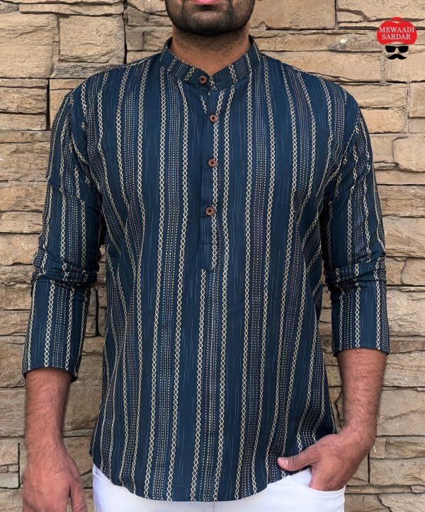 Mens Cotton Short Kurta - Golden Striped - 5 Colors