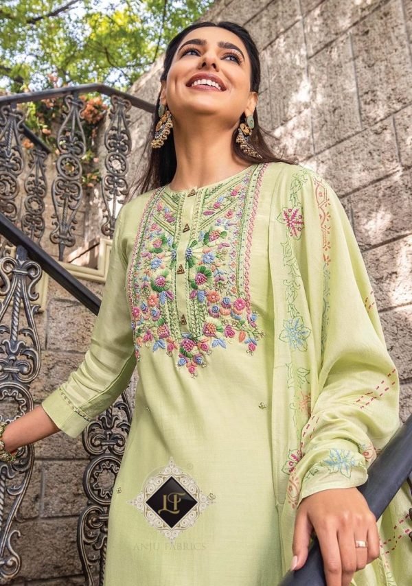 Premium Muslin Fabric Suit with Pants and Block Print Chaderi Dupatta - Green