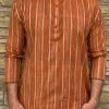 Mens Cotton Short Kurta - Golden Striped - 5 Colors