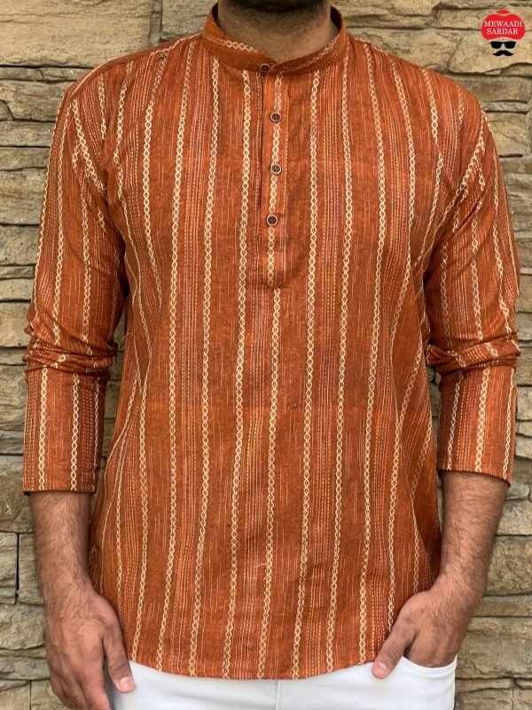 Mens Cotton Short Kurta - Golden Striped - 5 Colors