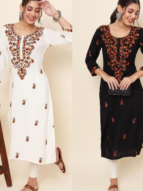 df90d81a-8e3c-4c1f-b74b-3e55f8cc3042 Modal Chikankari Kurti with Multicolored Embroidery - Black & Off White