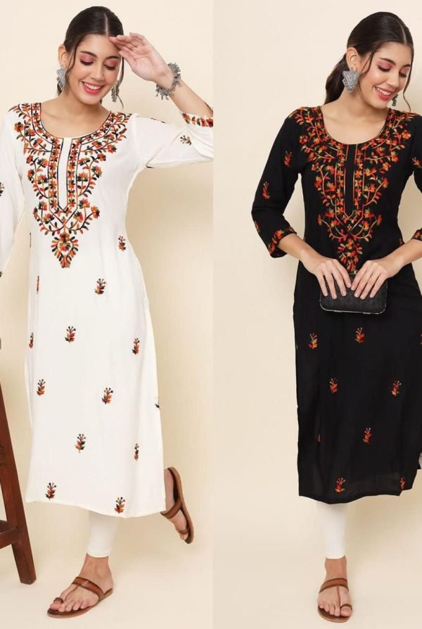 df90d81a-8e3c-4c1f-b74b-3e55f8cc3042 Modal Chikankari Kurti with Multicolored Embroidery - Black & Off White