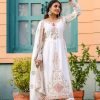 Chinnon Silk Nyra Cut Suit- 3Pc Kurti, Pant & Dupatta - White with Pink