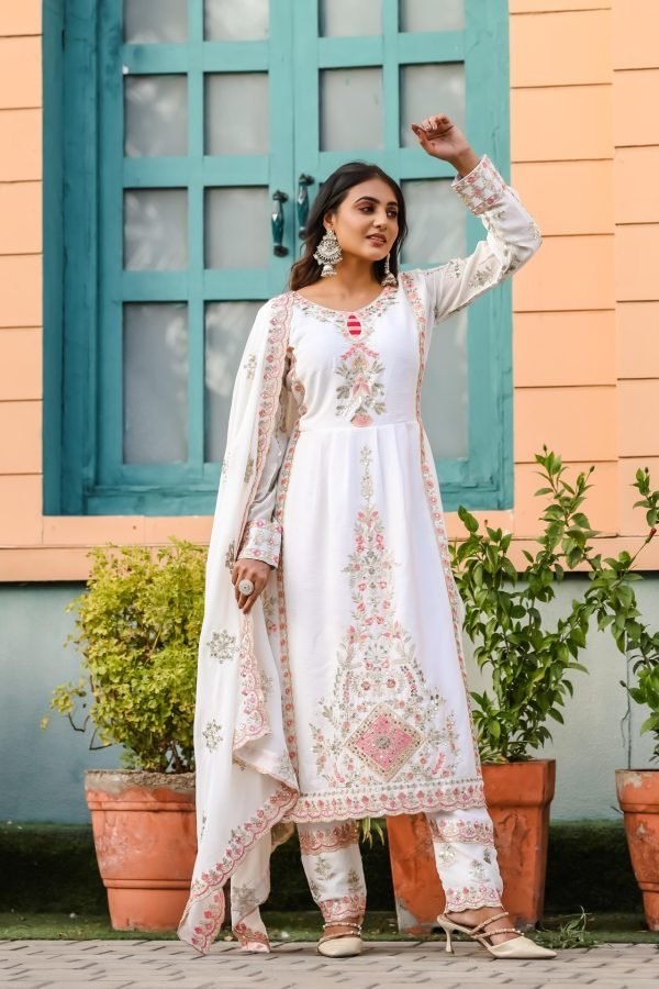 Chinnon Silk Nyra Cut Suit- 3Pc Kurti, Pant & Dupatta - White with Pink