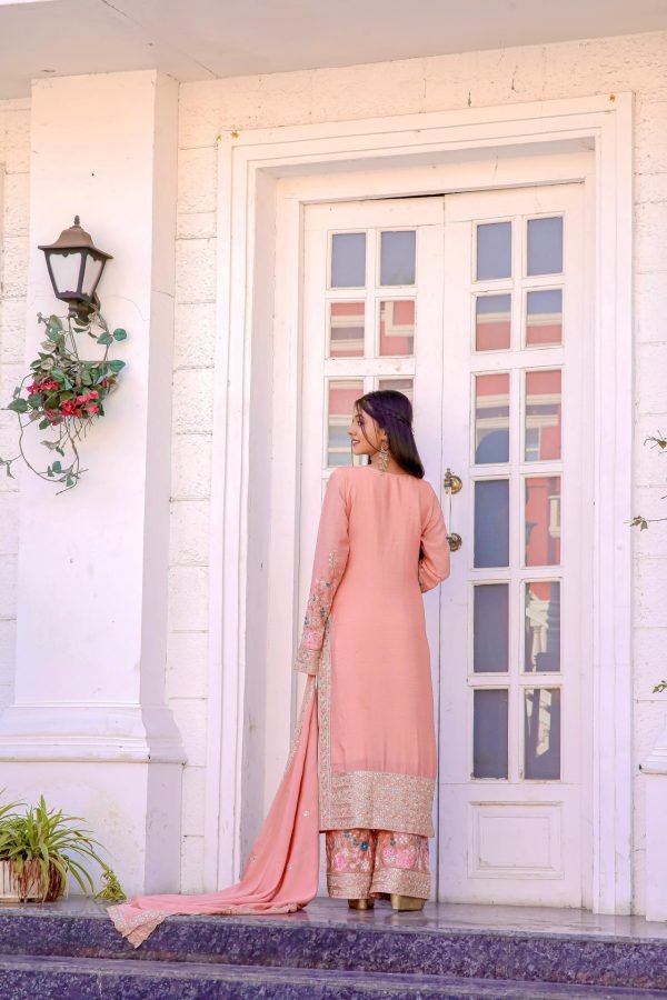 Chinnon Silk Straight Designer Suit- 3Pc Kurti, Pant & Dupatta - Green, White & Peach Pink