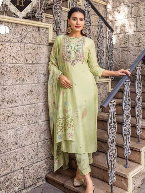 Premium Muslin Fabric Suit with Pants and Block Print Chaderi Dupatta - Green