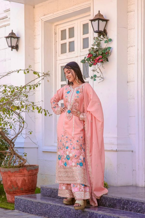 Chinnon Silk Straight Designer Suit- 3Pc Kurti, Pant & Dupatta - Green, White & Peach Pink