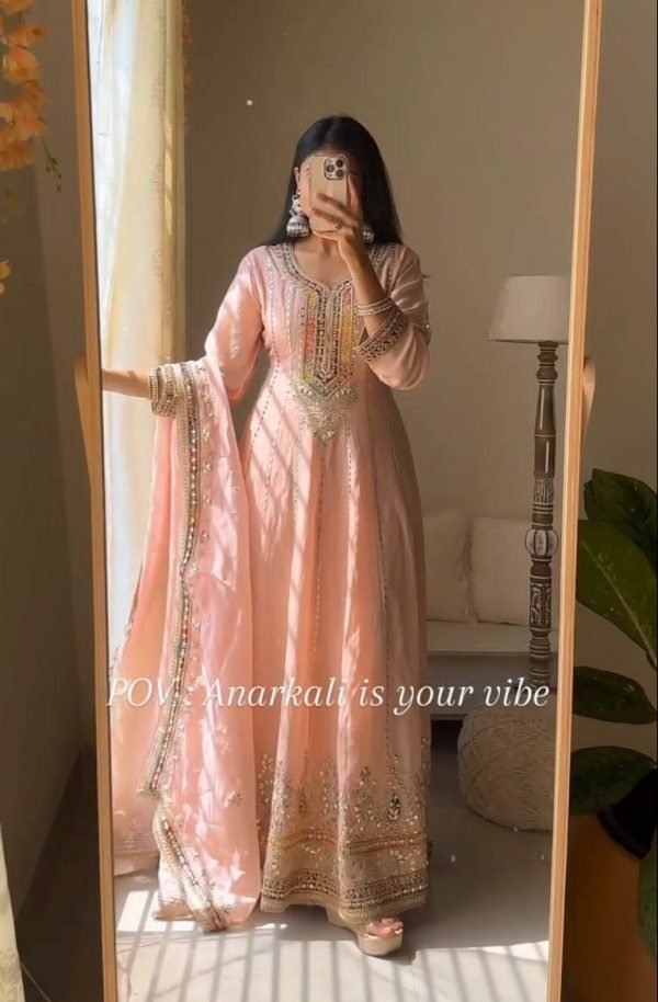 Fox Georgette Anarkali Sequence Embroidered with Dupatta - 2Pc - Peach