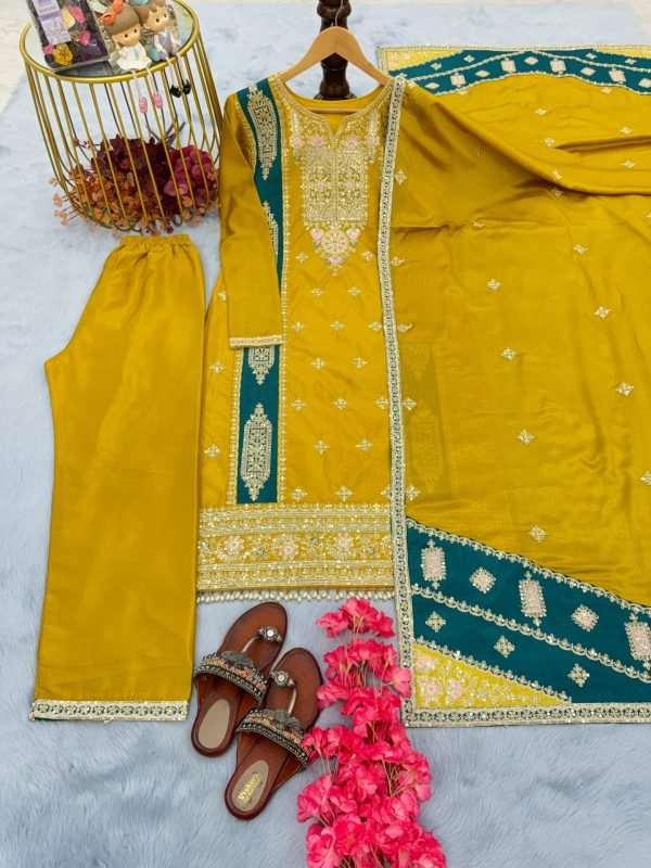 Chinnon Silk Straight Designer Suit- 3Pc Kurti, Pant & Dupatta - Mustard & Teal Blue