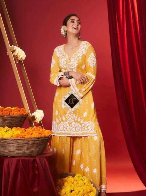 Printed Malmal Gharara Sets (Meera Kapoor) - Kurti, Gharara and Dupatta - 3Pc (Yellow, Red, Pink)