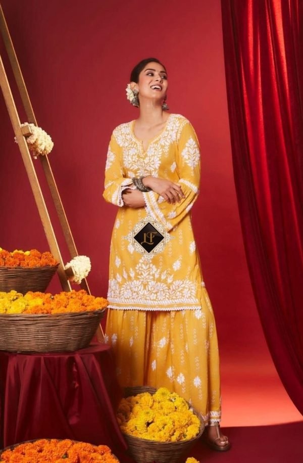 Printed Malmal Gharara Sets (Meera Kapoor) - Kurti, Gharara and Dupatta - 3Pc (Yellow, Red, Pink)