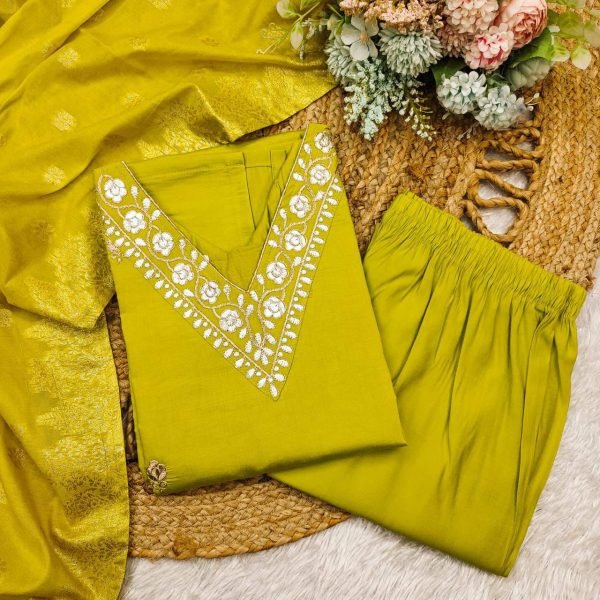 Roman Silk Suit with Banarasi Dupatta - Plus Sizes only - 3Pc - Neon Yellow