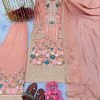 Chinnon Silk Straight Designer Suit- 3Pc Kurti, Pant & Dupatta - Green, White & Peach Pink