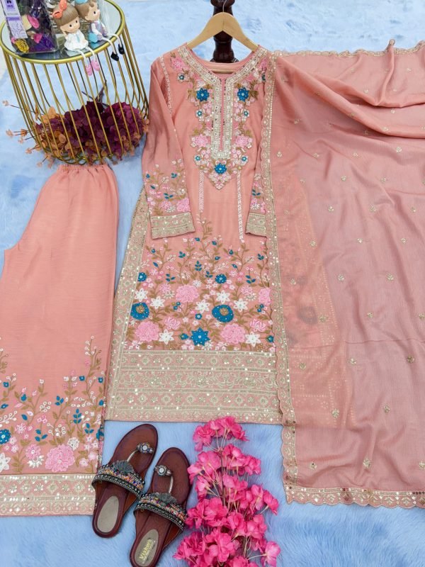 Chinnon Silk Straight Designer Suit- 3Pc Kurti, Pant & Dupatta - Green, White & Peach Pink