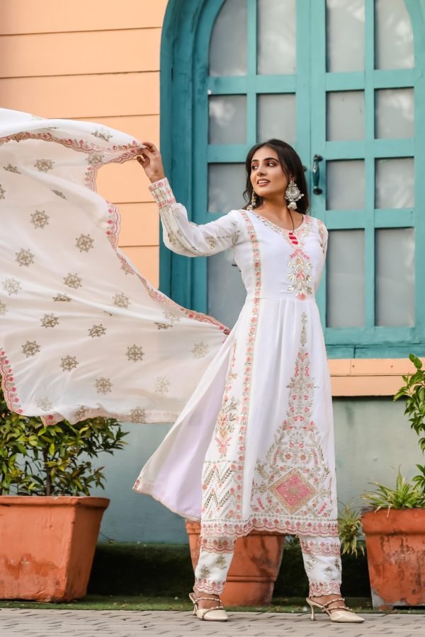Chinnon Silk Nyra Cut Suit- 3Pc Kurti, Pant & Dupatta - White with Pink