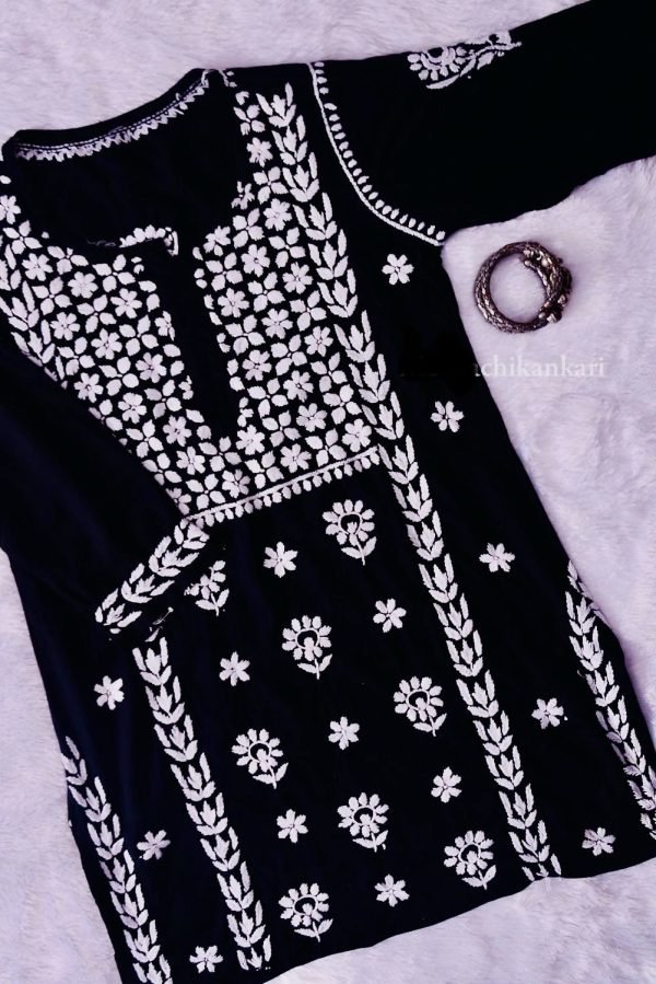 Modal Chikankari Short Kurti - Black