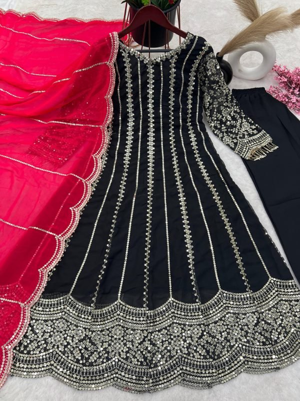 Georgette 3Pc Anarkali Suit - Anarkali, Pants & Dupatta - Black and White (Sunny Leone)