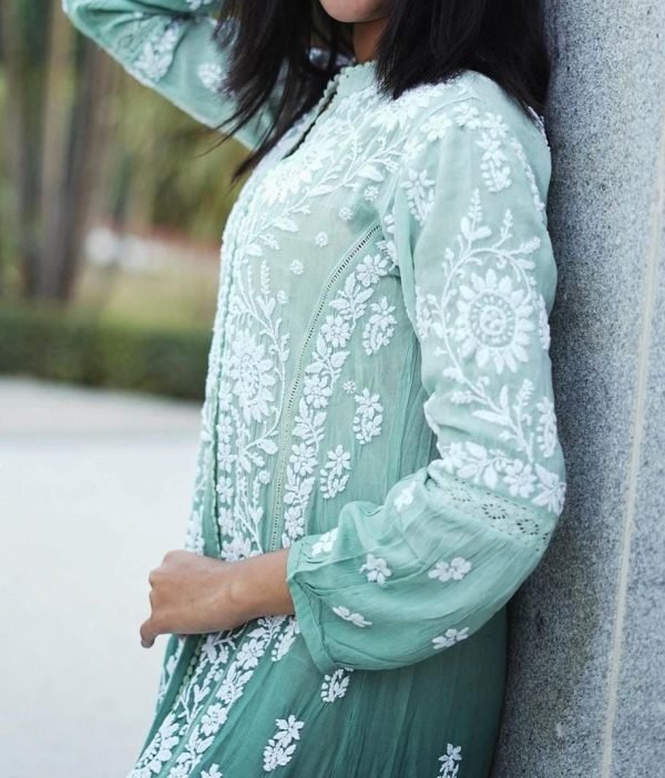172208e7-3fb5-4705-8fc5-f13e8a0fe23a Muslin Chikankari Anchor Thread Work Aline Dress - Sage Green