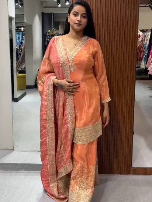 Pure Georgette 3Pc Gharara Suit - Orange with Golden Embroidery