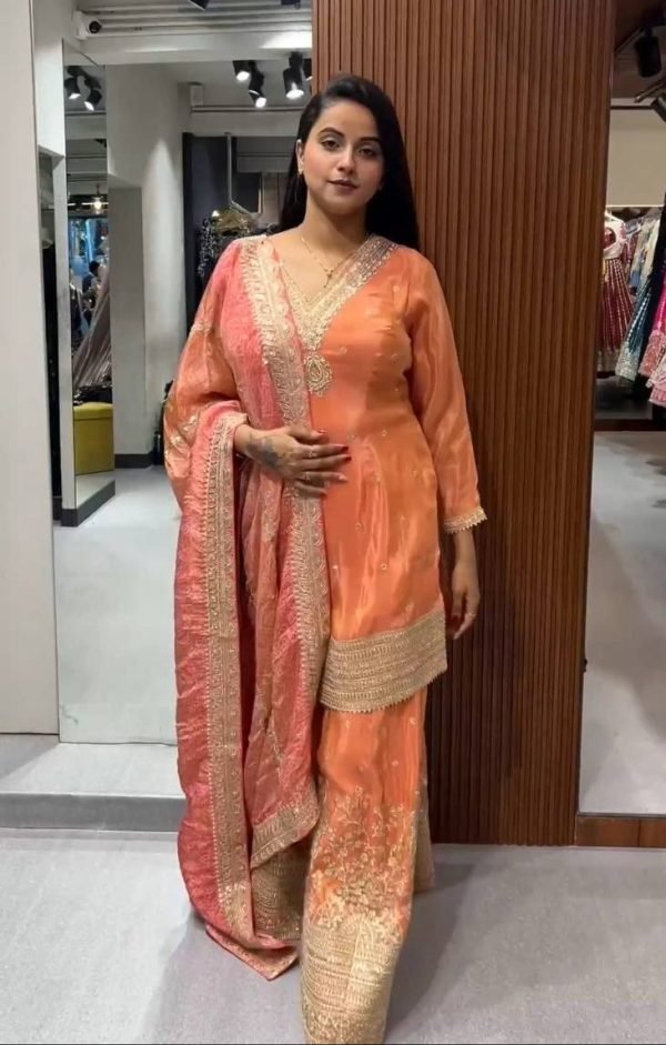 Pure Georgette 3Pc Gharara Suit - Orange with Golden Embroidery