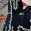 Band Neck Velvet Suit with Silver Work - 3 Pc - Black