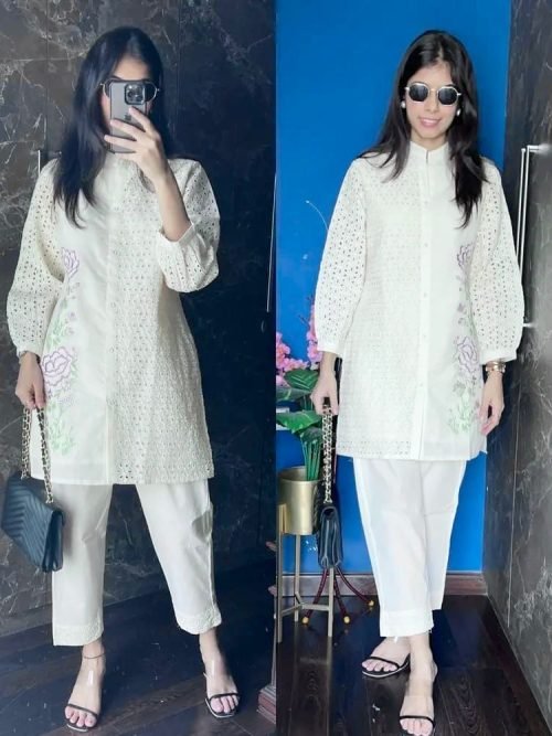Cotton Chikan Cord Set - Shirt With Pants - 2Pc - White
