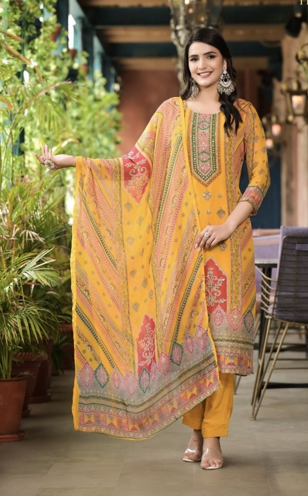 Digital Print Pure Crepe Suit - 3 Pc - Yellow