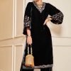 V Neck Velvet Suit with Bell Sleeves- 3 Pc - Black (Gauhar Khan)