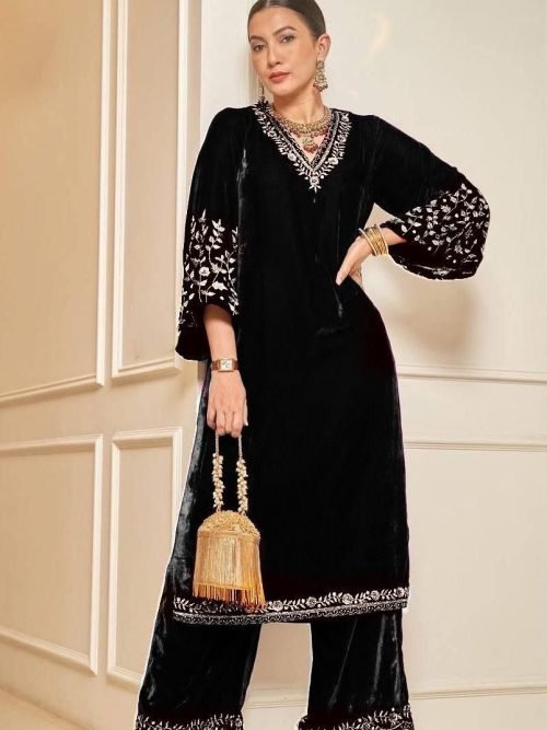 V Neck Velvet Suit with Bell Sleeves- 3 Pc - Black (Gauhar Khan)