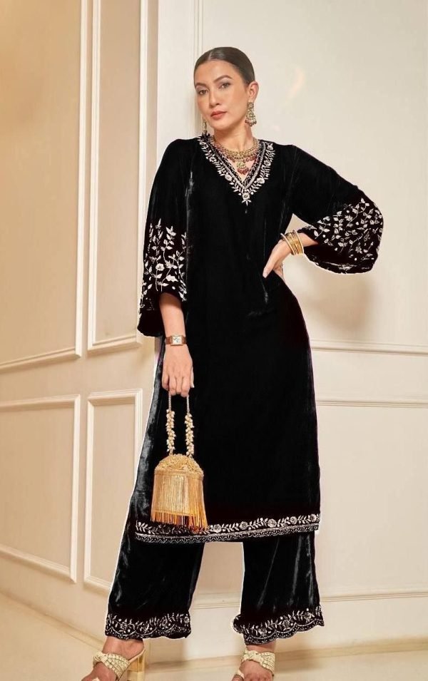 V Neck Velvet Suit with Bell Sleeves- 3 Pc - Black (Gauhar Khan)