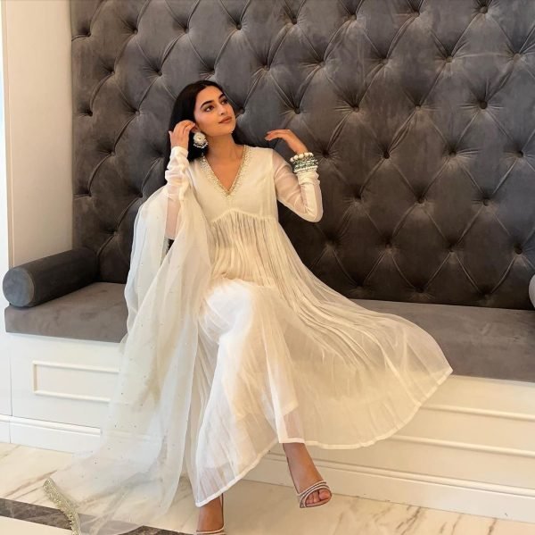 Chinnon Silk Anarkali Aliya Cut Style with Pants & Georgette Dupatta - 3Pc - White (Tapsee Pannu)