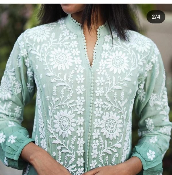 55680f15-1a42-4509-a724-ac9c130dd256 Muslin Chikankari Anchor Thread Work Aline Dress - Sage Green