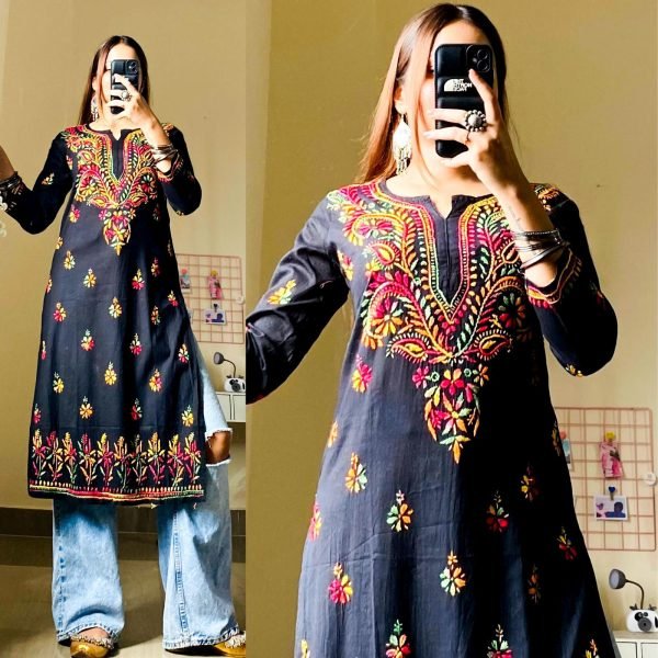 59b3ff90-0105-4566-b8bf-c8c4fd15e35a Cotton Black Chikankari Multicolor Thread Work Kurti