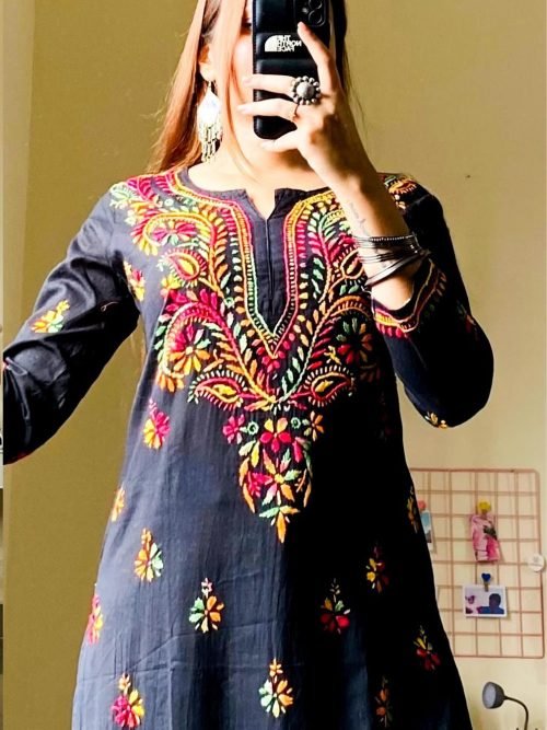 59b3ff90-0105-4566-b8bf-c8c4fd15e35a Cotton Black Chikankari Multicolor Thread Work Kurti