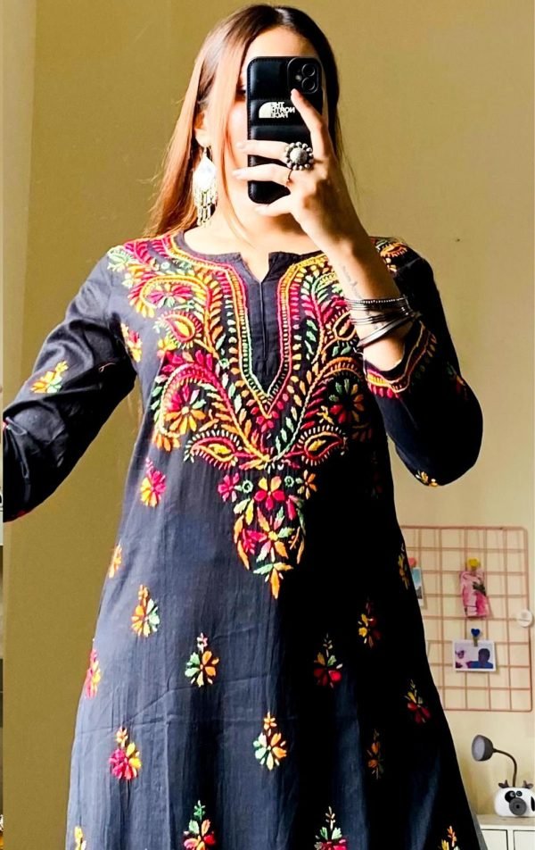 59b3ff90-0105-4566-b8bf-c8c4fd15e35a Cotton Black Chikankari Multicolor Thread Work Kurti