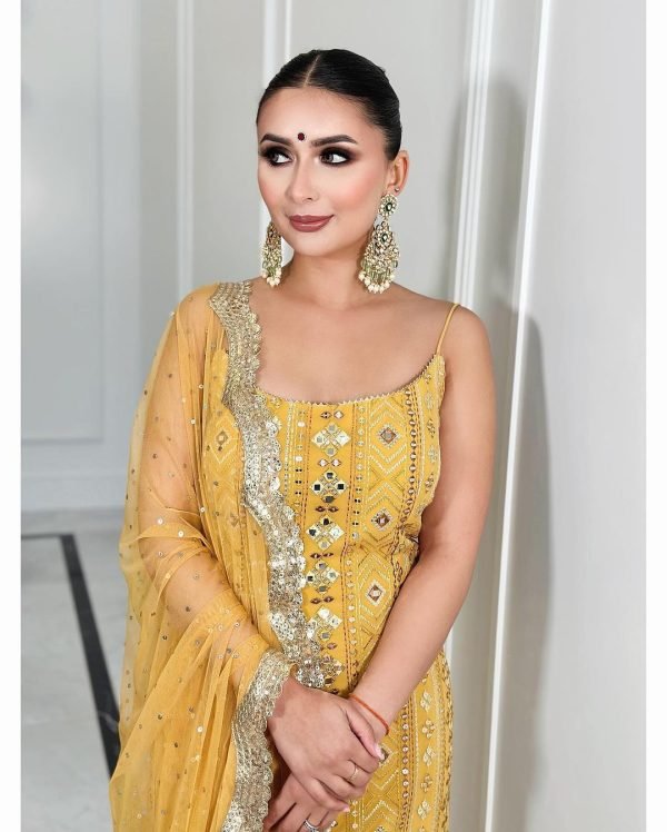 Georgette 3Pc Sleeveless Suit - Kurti, Pant & Dupatta - Mustard