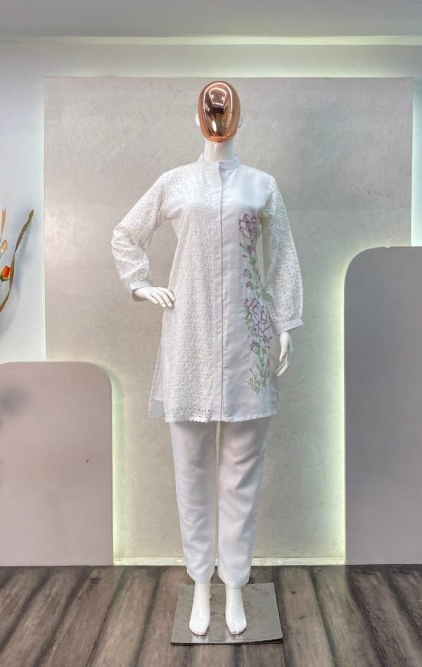 Cotton Chikan Cord Set - Shirt With Pants - 2Pc - White