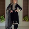 Band Neck Velvet Suit with Silver Work - 3 Pc - Black