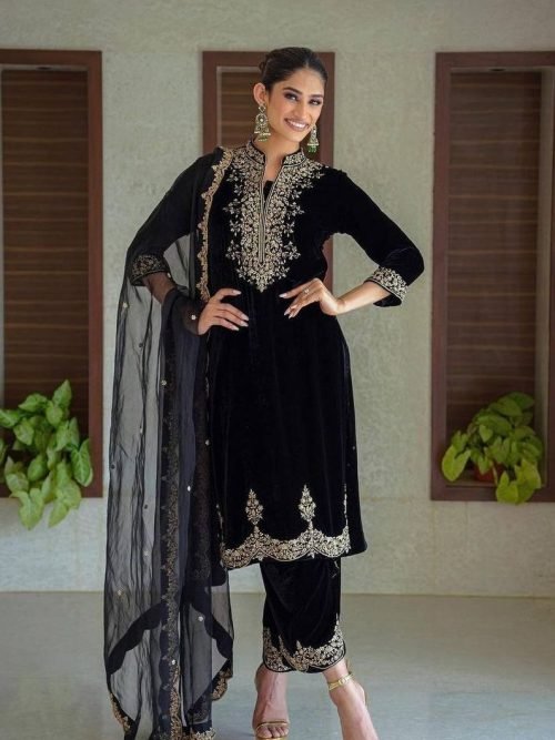 Band Neck Velvet Suit with Silver Work - 3 Pc - Black