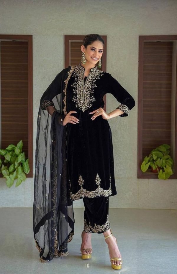 Band Neck Velvet Suit with Silver Work - 3 Pc - Black