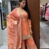 Pure Georgette 3Pc Gharara Suit - Orange with Golden Embroidery