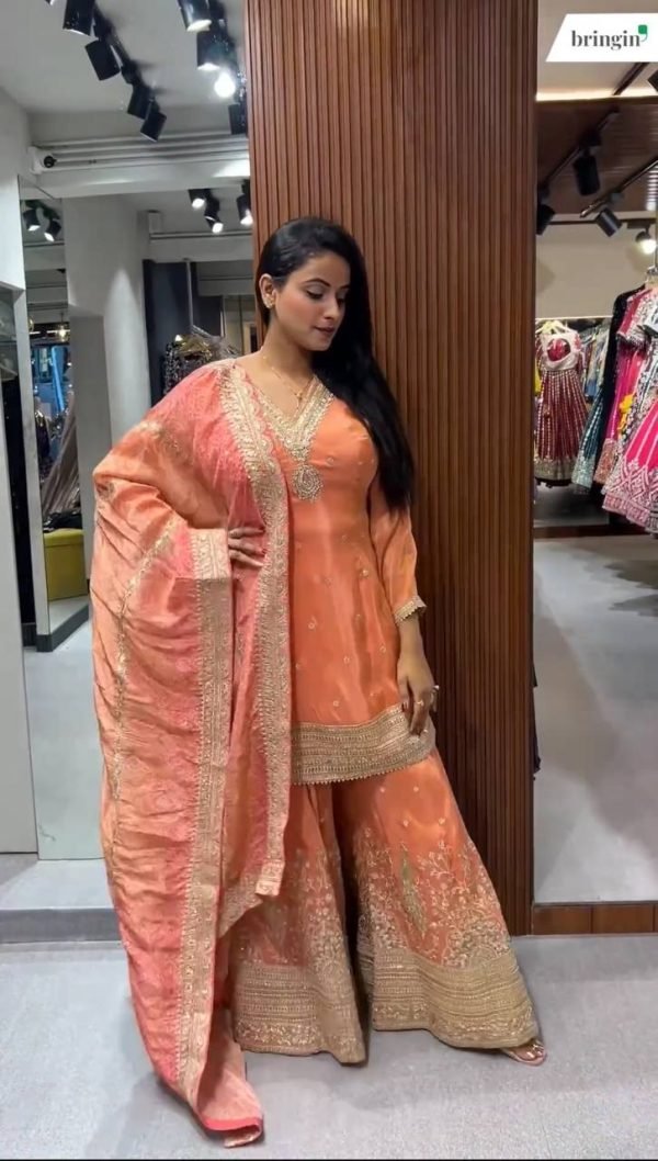 Pure Georgette 3Pc Gharara Suit - Orange with Golden Embroidery