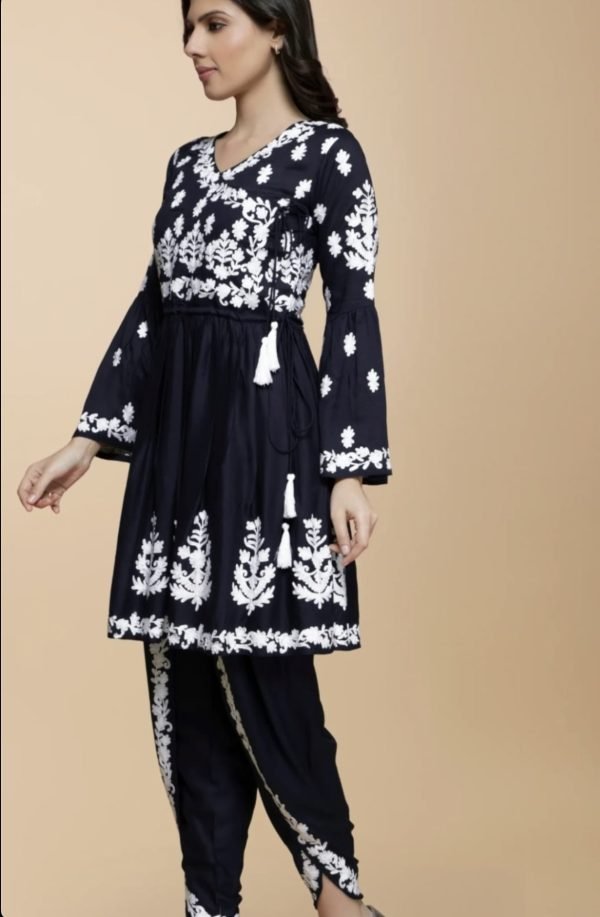 Short Frock and Tulip Pant Suit - 3Pc - Blue, Black, Red, Wine