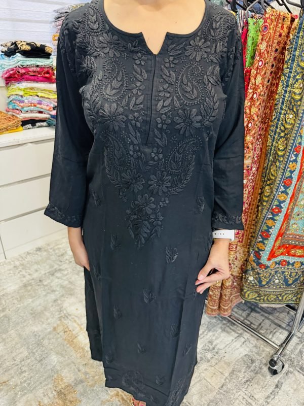 Modal Chikankari Kurti with Self Embroidery - Black & White