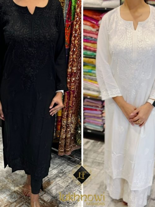 Modal Chikankari Kurti with Self Embroidery - Black & White