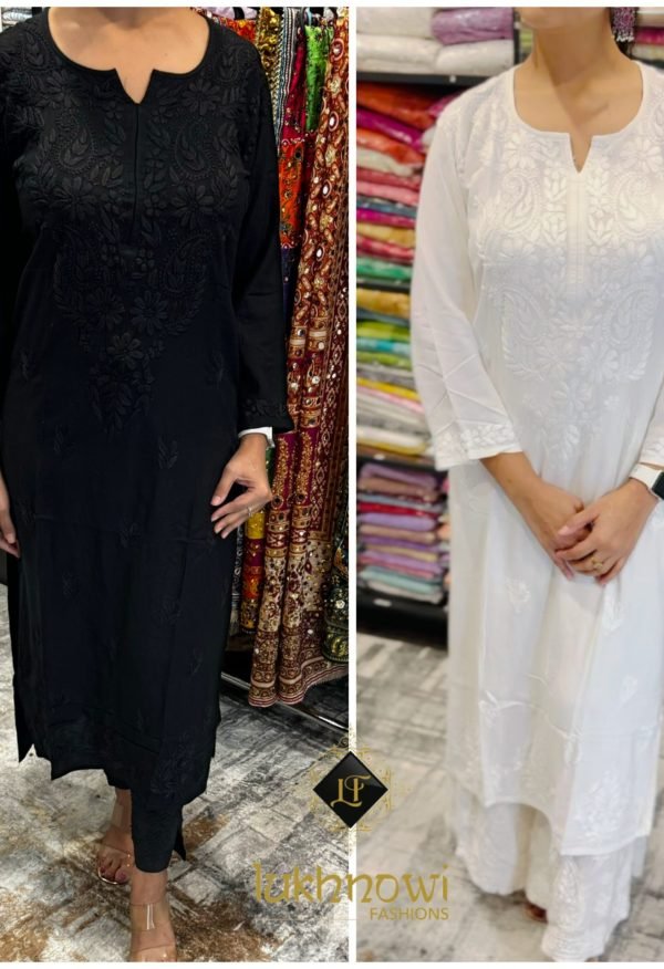 Modal Chikankari Kurti with Self Embroidery - Black & White